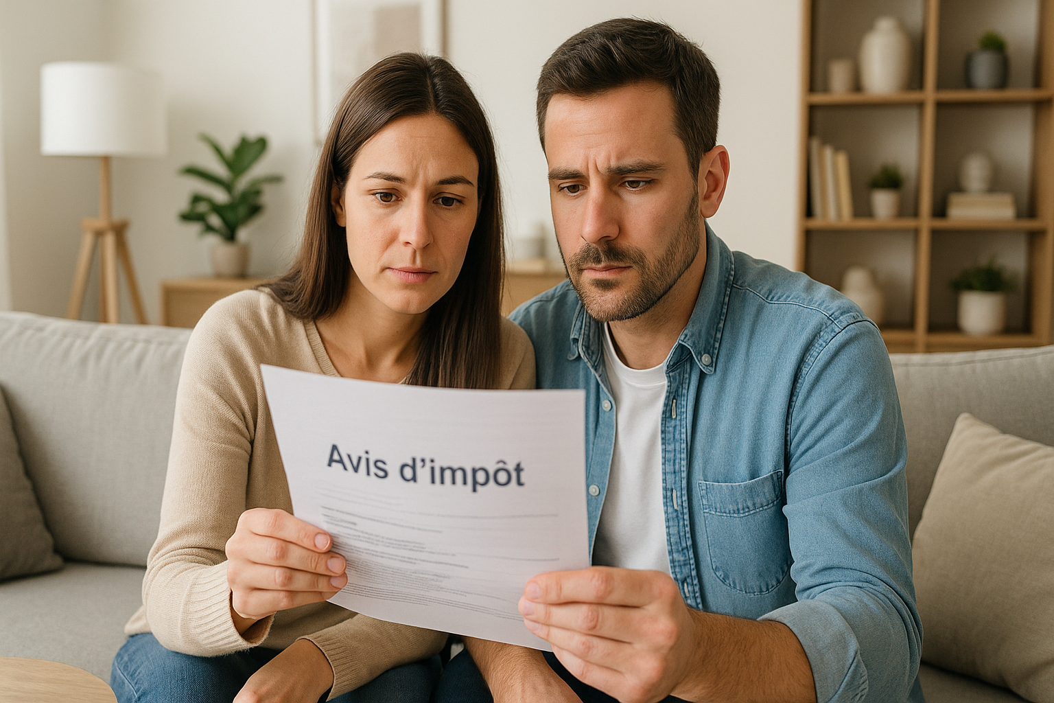 Couple de propriétaires assis dans un salon contemporain, consultant attentivement leur avis d’imposition dans une ambiance lumineuse et chaleureuse.