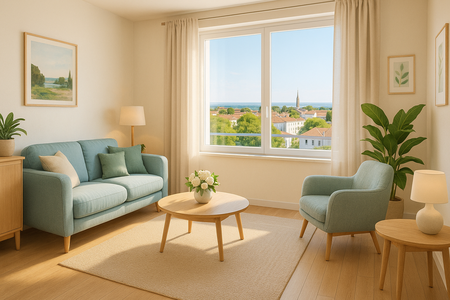 Salon lumineux et moderne d’un appartement meublé pour curistes à Rochefort, avec canapé bleu clair, grande fenêtre donnant sur la ville et l’océan, ambiance cosy et chaleureuse.