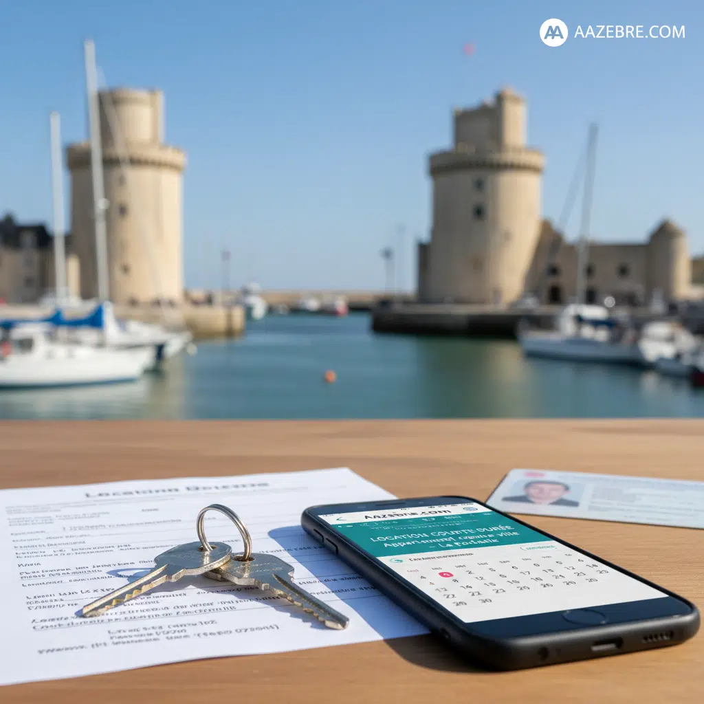 Une table en bois avec des clés, un contrat de location, un smartphone affichant une application de calendrier, et une carte d'identité, avec en arrière-plan les tours de La Rochelle et un port avec des bateaux.